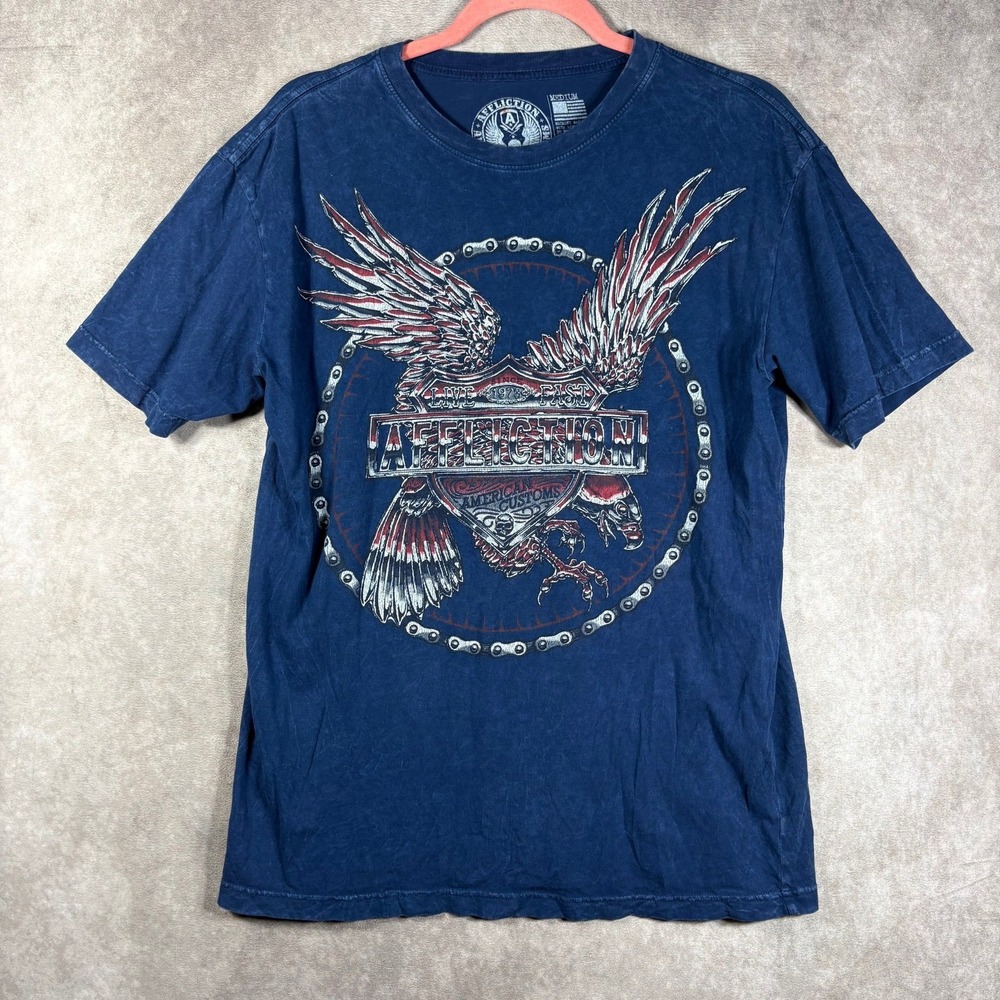 Affliction American Customs Raptor T-Shirt Mens Medium Blue Graphic Wings Biker
